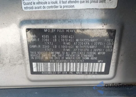 2011 Subaru Outback 2.5I Premium from USA, damaged, VIN 4S4BRBCC3B3337257